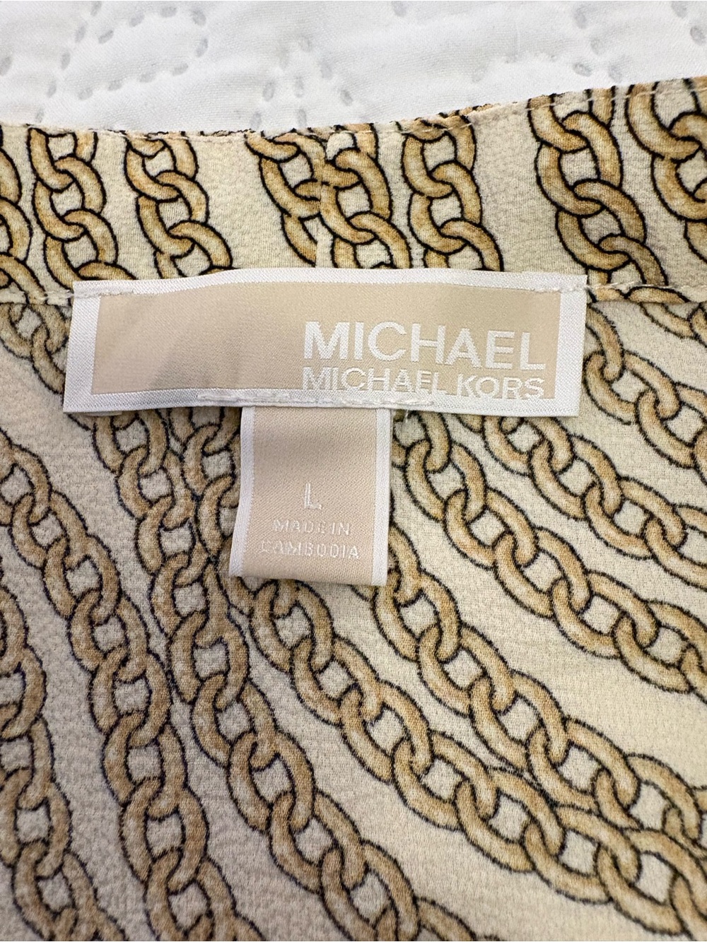 MICHAEL Michael Kors Gold Chain Print Faux Wrap Top L Quiet Luxury 3/4 Sleeve - Picture 4 of 12